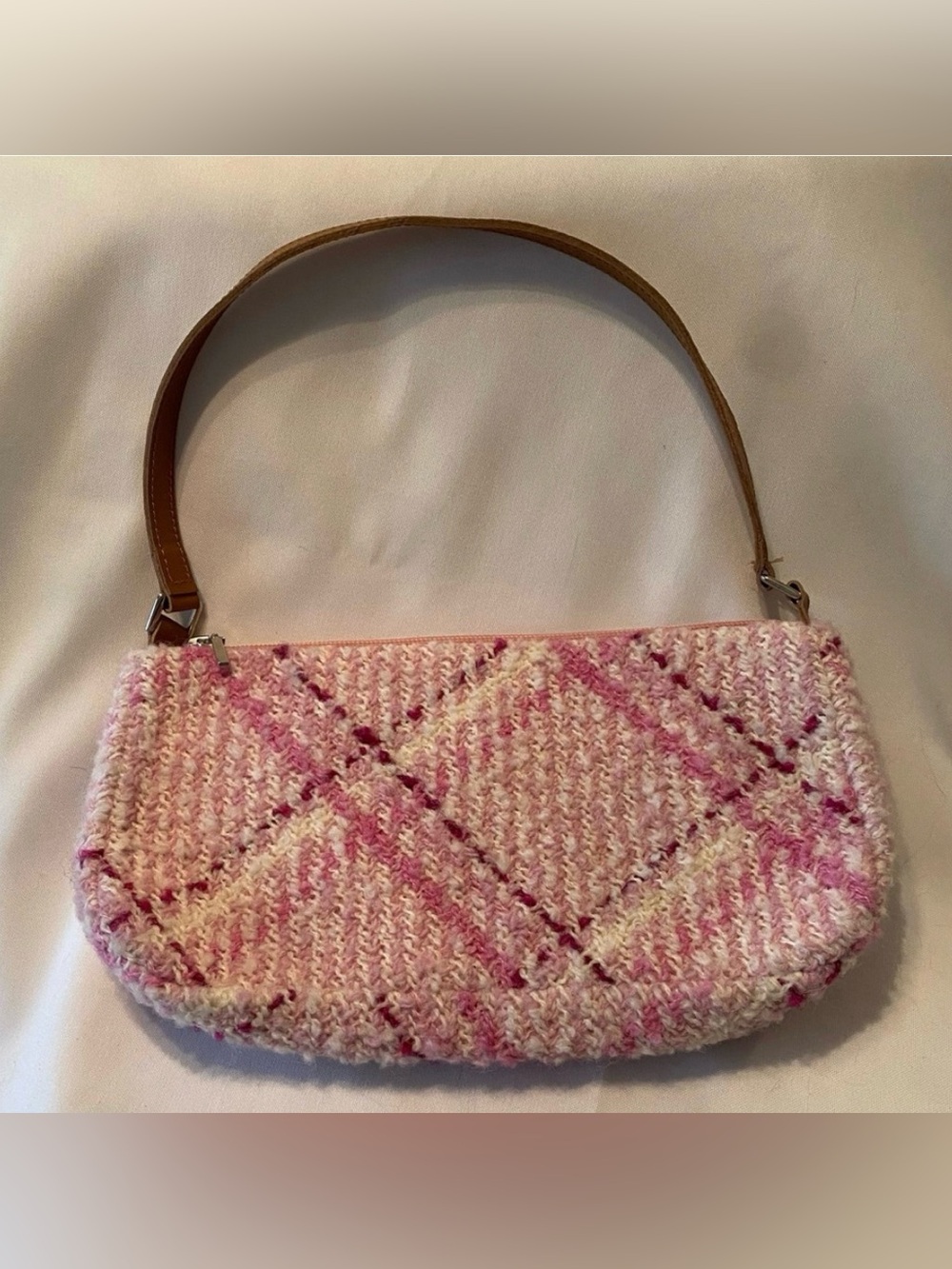 Boyne Valley Weavers Wool Blend Knit Shoulder Bag Pink Plaid Made In Ireland EUC